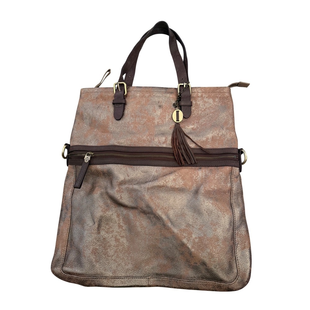 Crown Vintage Metallic Bronze Leather Tote Bag Distressed Rose Gold Convertible